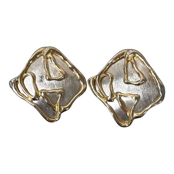 PARK LANE Vintage Modern Square Two Tone Clip On Earrings Gold Silver Abstract - Picture 3 of 8